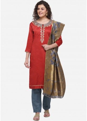 Red Cotton Silk Embroidered Pant Salwar Suit