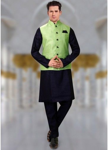 Green Art Silk Readymade Nehru Jacket 