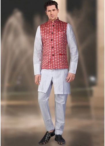 Red Readymade Art Silk Printed Nehru Jacket 