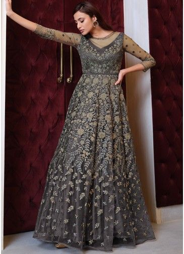 Grey Embroidered Net Anarkali Style Suit