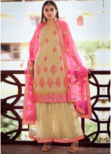 Beige Mirror Embroidered Sharara Suit Set In Net