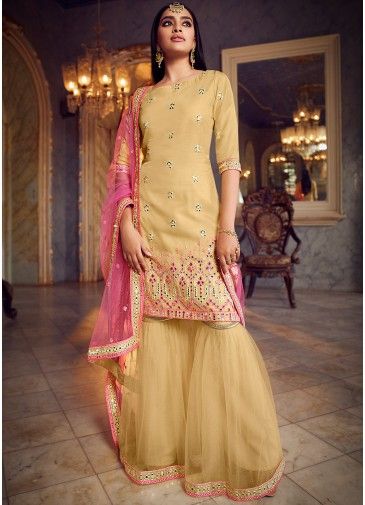Yellow Sharara Suit Set With Mirror Embroidery