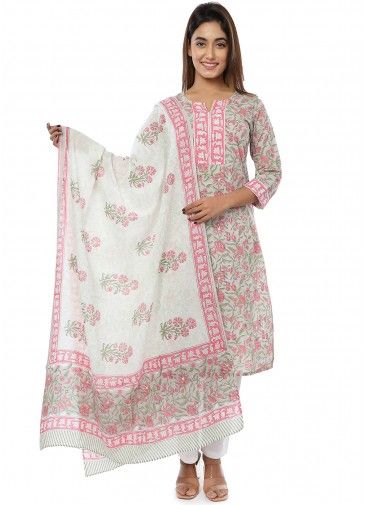 Grey Block Printed Readymade Pant Suit With Dupatta