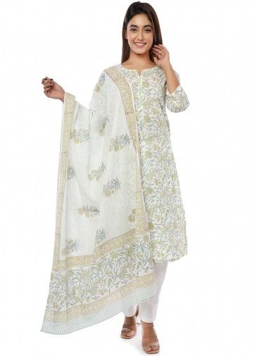 Readymade White Floral Block Print Pant Salwar Suit