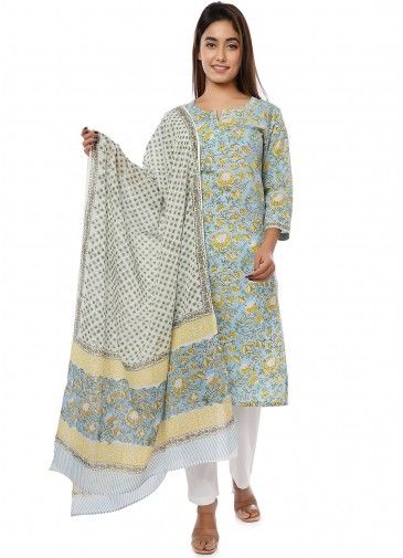 Blue Floral Block Printed Readymade Pant Salwar Suit