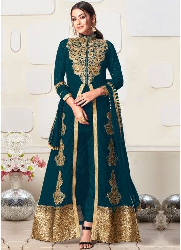 Zari Embroidered Blue Geogette Pant Style Suit