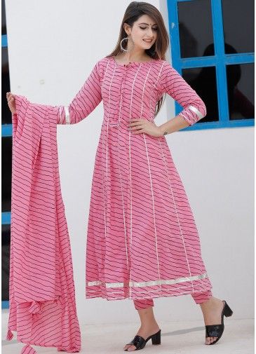 Pink Readymade Printed Suit With Gotta Lace