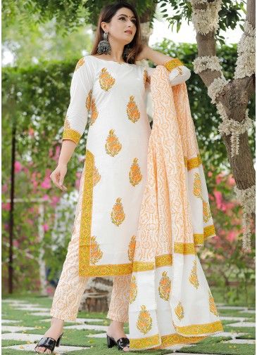 Cotton Printed Readymade Pant Suit In White