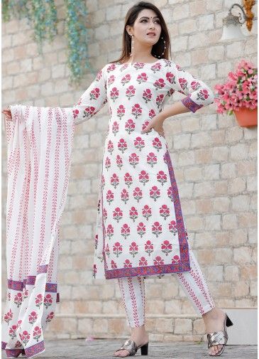 Readymade White Pant Suit With Printed Dupatta 