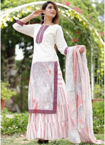 White Cotton Readymade Suit With Printed Sharara