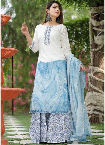 Readymade White Suit With Floral Printed Sharara