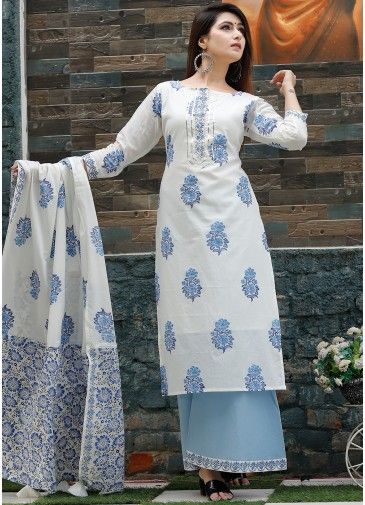 White Readymade Printed Suit With Palazzo