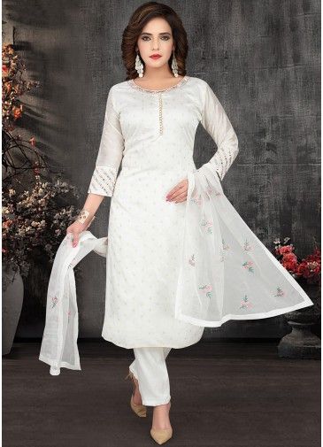 White Woven Chanderi Readymade Pant Salwar Suit