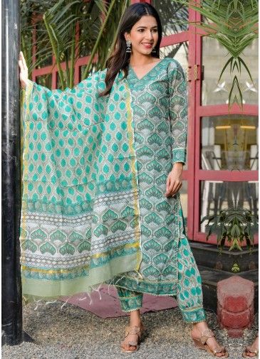 Green Block Print Readymade Salwar Suit