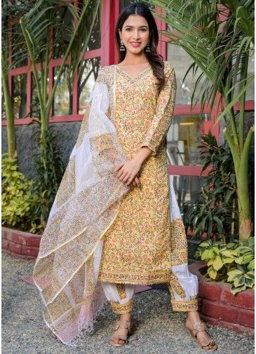 Yellow Readymade Block Print Salwar Suit