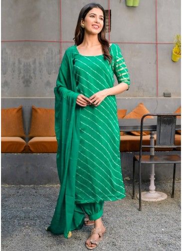 Green Readymade Chiffon Leheria Salwar Kameez