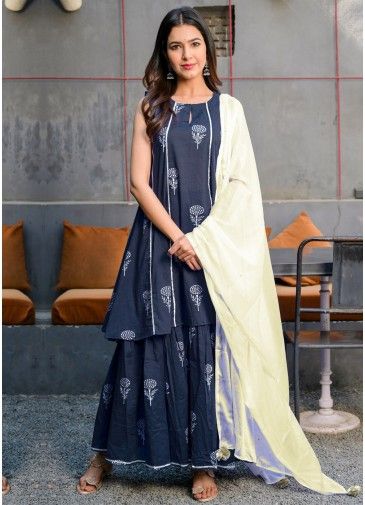 Blue Floral Readymade Gharara Set In Cotton