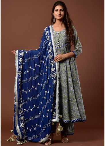 Blue Floral Block Printed Readymade Anarkali Suit