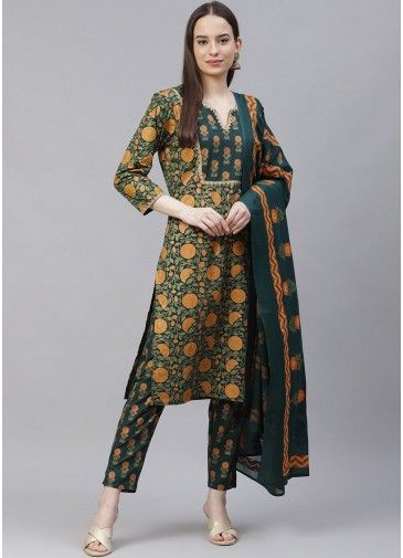 Green Floral Printed Readymade Pant Salwar Suit