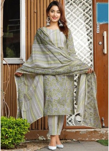Green Floral Readymade Cotton Pant Suit