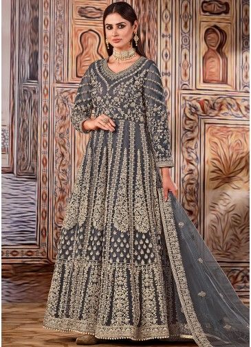 Grey Net Embroidered Anarkali Suit With Dupatta