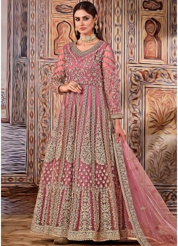 Pink Net Embroidered Anarkali Salwar Kameez