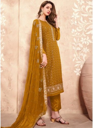Yellow Georgette Sequins Embroidered Suit With Pants