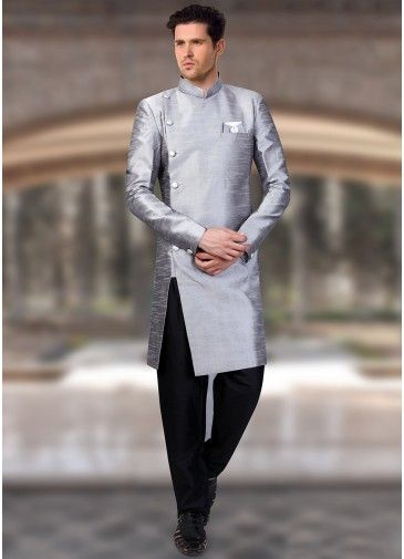 Grey Art Silk Readymade Sherwani With Churidar