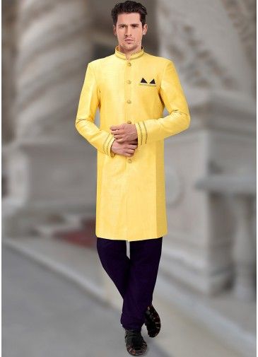 Yellow Readymade Art Silk Sherwani With Churidar