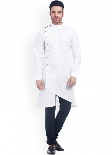 White Cotton Asymmetric Kurta Pajama Set