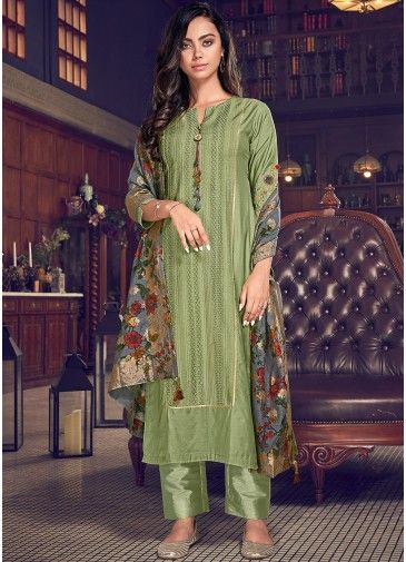 Green Embroidered Pant Style Suit In Silk