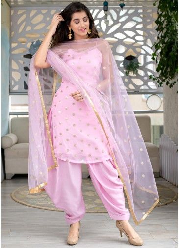Pink Embroidered Readymade Punjabi Suit With Dupatta