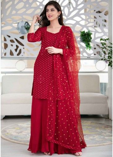 Red Sequins Embroidered Georgette Readymade Suit