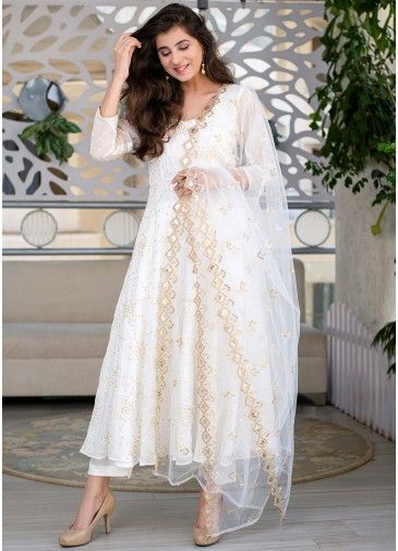 Off White Embroidered Anarkali Suit With Dupatta