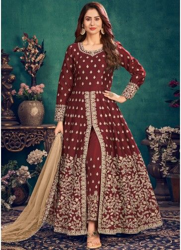 Maroon Art Silk Embroidered Front Slit Pant Suit