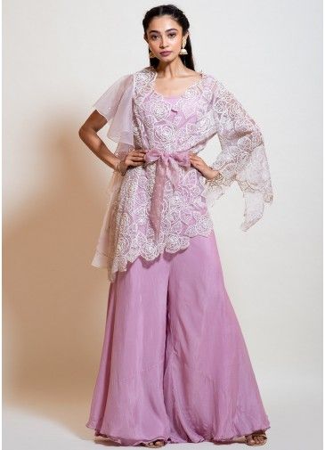 Purple Readymade Top Palazzo With Embroidered Jacket