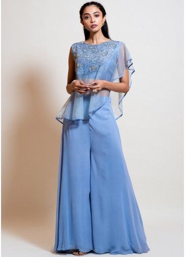 Blue Embellished Asymmetric Cape Style Top With Palazzo