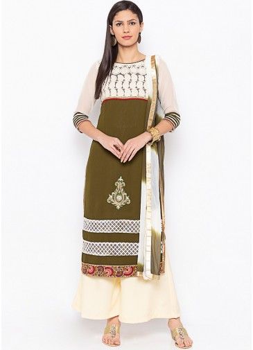 Green Thread Embroidered Readymade Palazzo Suit