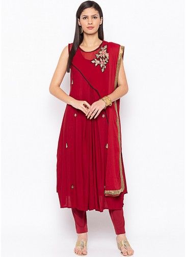 Red Readymade Gathered Suit In Georgette