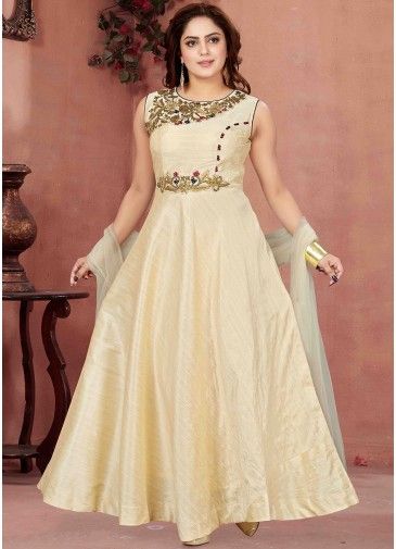 Cream Readymade Suit With Heavy Embroidered Yoke