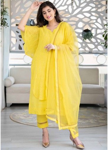 Yellow Thread Embroidered Pant Suit In Georgette