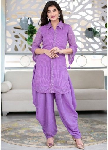 Embroidered Purple Readymade Suit With Sharara
