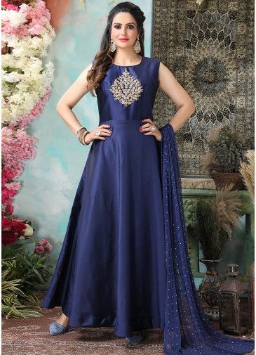 Readymade Blue Embroidered Flared Suit In Satin
