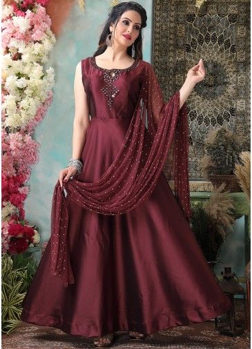 Mirror Embellished Readymade Flared Suit In Maroon