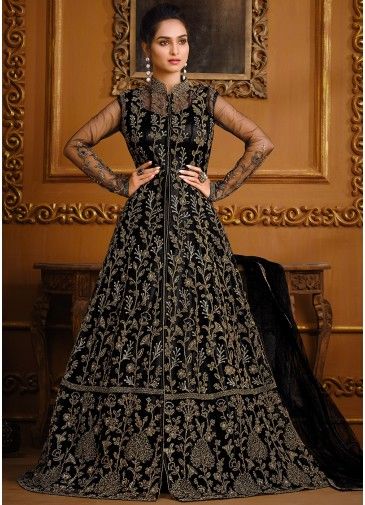 Black Sequins Embroidered Anarkali Suit In Net
