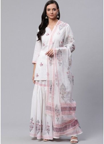 Readymade White Floral Printed Sharara Suit