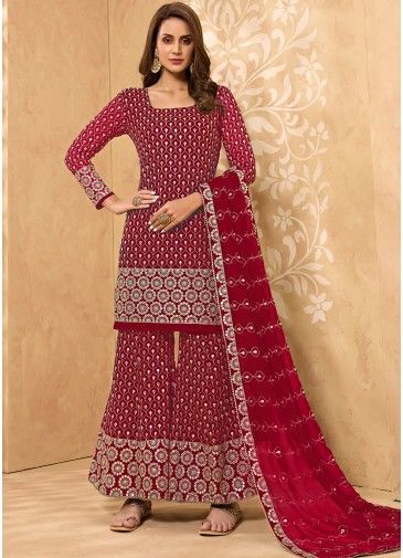 Red Embroidered Georgette Sharara Suit Set