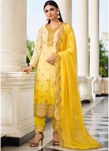 Yellow Embroidered Straight Cut Pant Suit