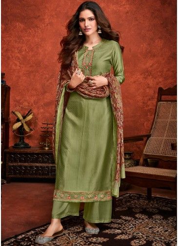 Readymade Straight Cut Palazzo Suit In Green