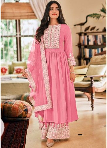 Pink Sequins Embroidered Palazzo Suit In Georgette